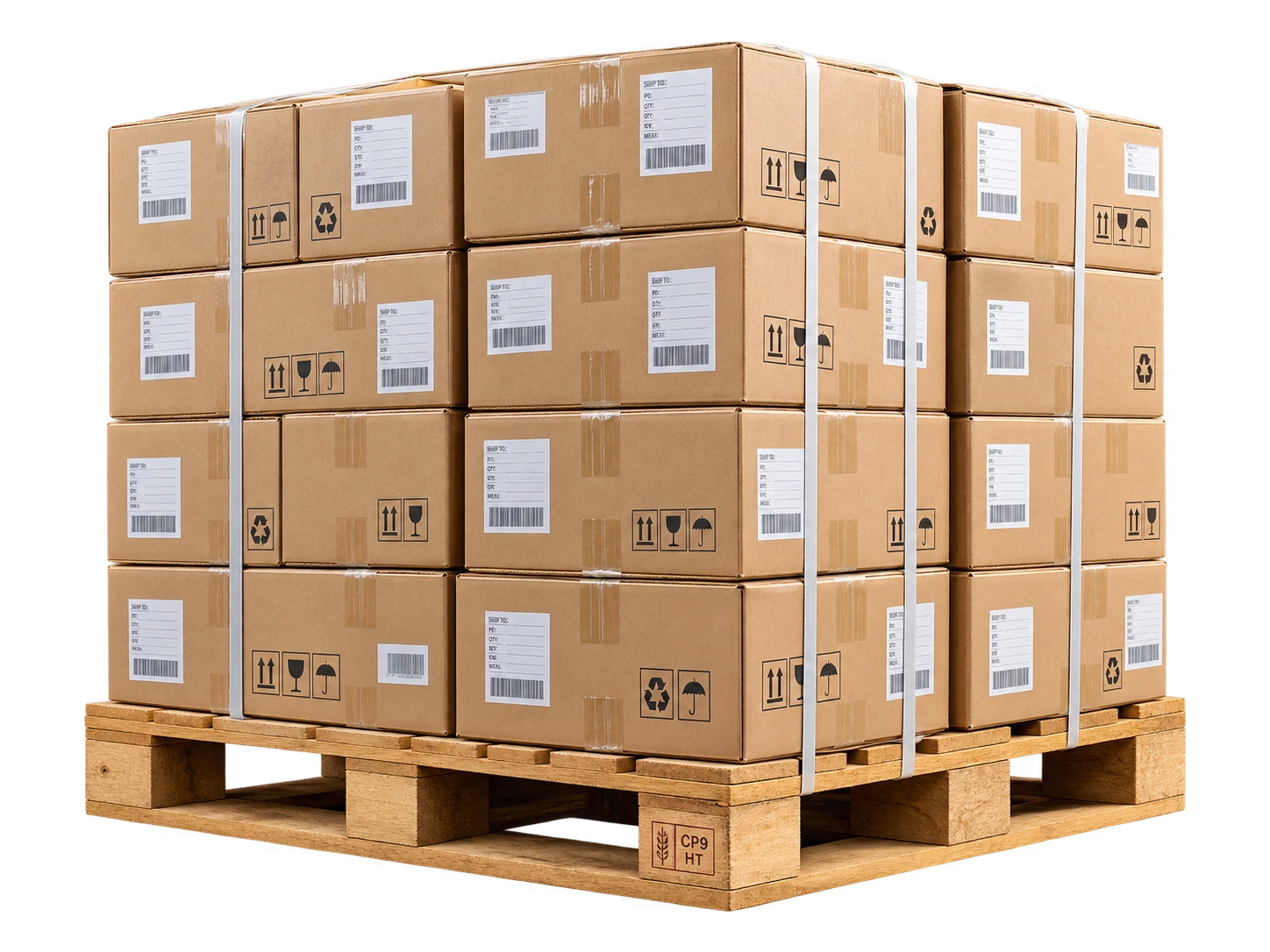 Palletized export cartons ready for shipping