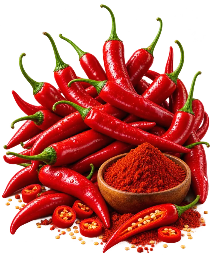 Fresh red chillies with chilli powder